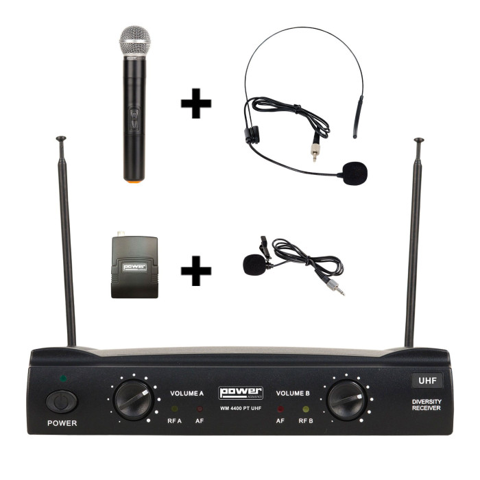 Simple micro main UHF + micro serre-tête + micro-cravate + émetteur de poche PT UHF – Freq 824-827.5 MHZ