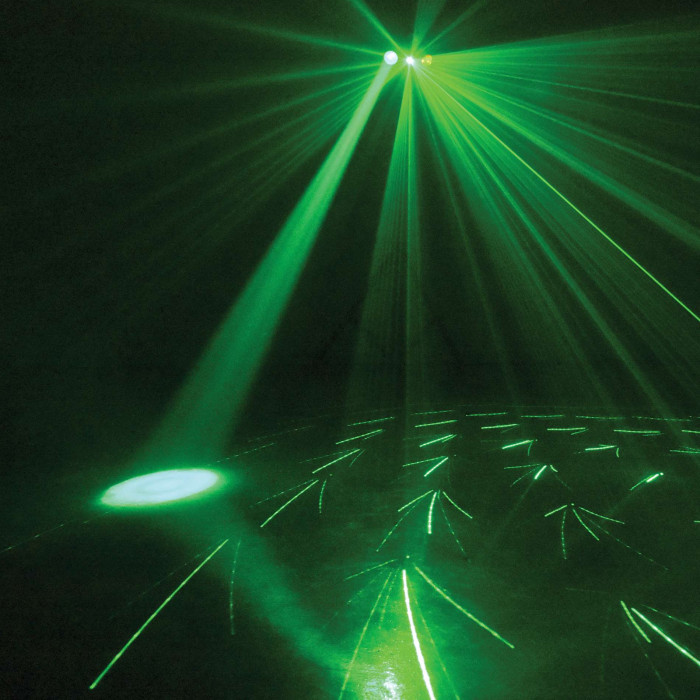 Jeux de lumières 4-en-1 : Derby, Wash, Gobos Moonflower, Laser multipoints