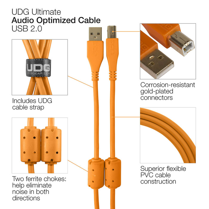 Cable UDG USB 2.0 A-B orange droit 3m