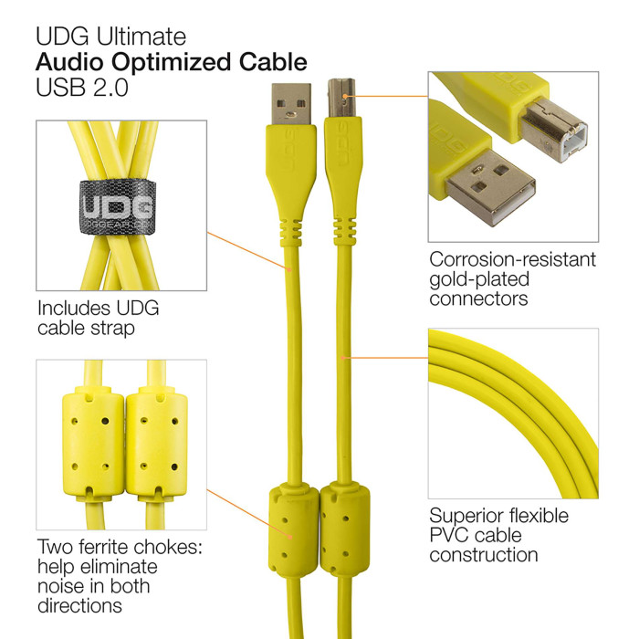 cable udg usb 2.0 a-b jaune coudé 1m