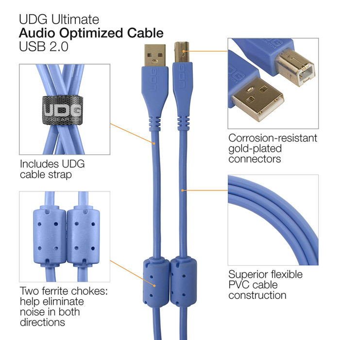 cable udg usb 2.0 a-b bleu coudé 3m