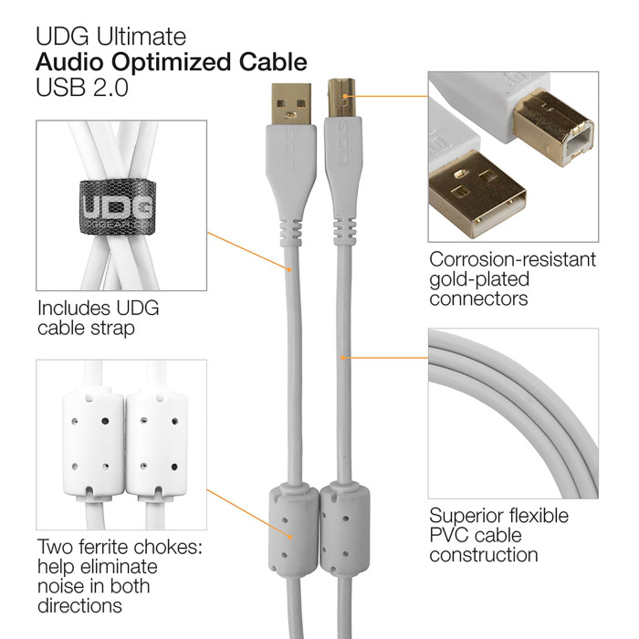 cable udg usb 2.0 a-b white coudé 3m