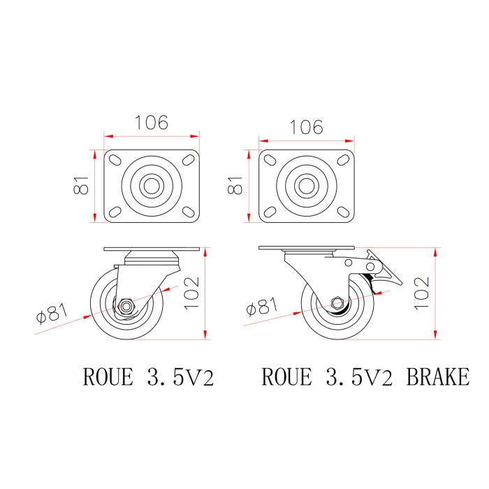 Roue flight case 3.5 pouces