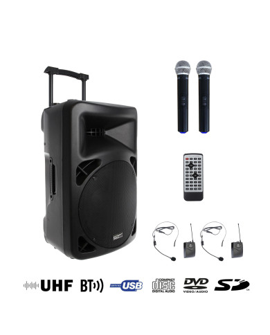 Sono Portable Lecteur CD MP3/SD/USB/DIVX/Bluetooth + 2 Micros Main et 2 Serre-Tête UHF