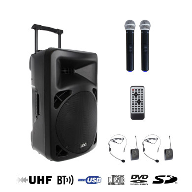 Sono Portable Lecteur CD MP3/SD/DVD/USB/DIVX/Bluetooth + 2 Micros Main et 2 Serre-Tête UHF
