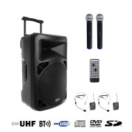 Sono Portable Lecteur CD MP3/SD/DVD/USB/DIVX/Bluetooth + 2 Micros Main et 2 Serre-Tête UHF