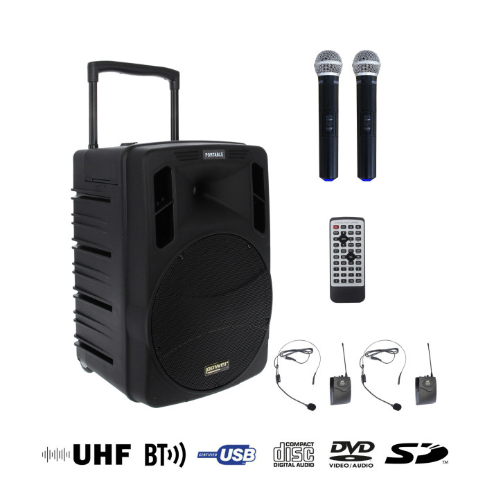 Sono Portable Lecteur CD MP3/SD/USB/DIVX/Bluetooth + 2 Micros Main et 2 Serre-Tête UHF