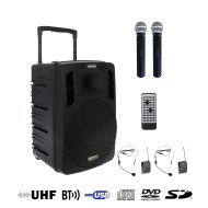 Sono Portable Lecteur CD MP3/SD/USB/DIVX/Bluetooth + 2 Micros Main et 2 Serre-Tête UHF
