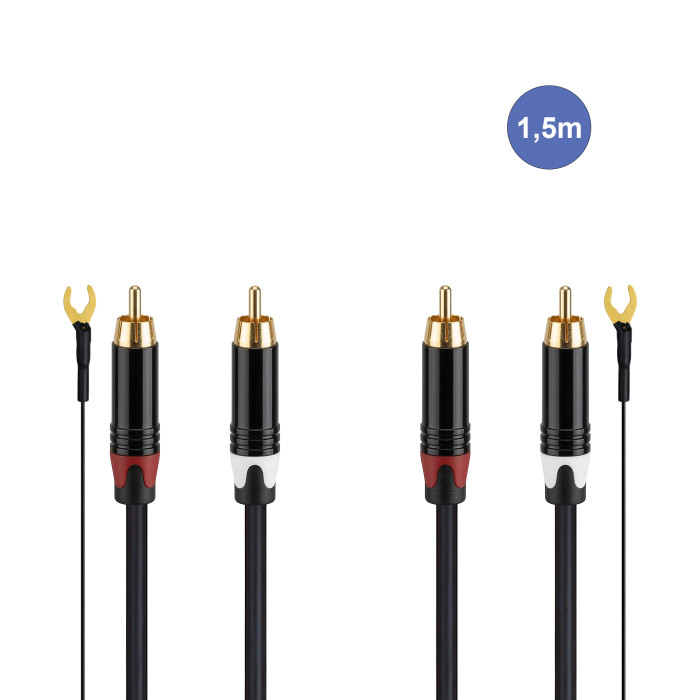 Câble Platine Vinyles 1,5m - 2 RCA Mâle - 2 RCA Mâle + 1 MASSE
