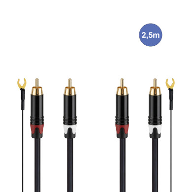 Câble Platine Vinyles 2,5m - 2 RCA Mâle - 2 RCA Mâle + 1 MASSE