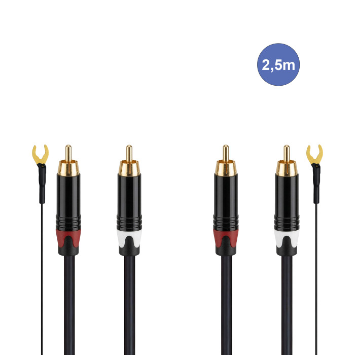 Câble Platine Vinyles 2,5m - 2 RCA Mâle - 2 RCA Mâle + 1 MASSE