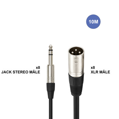 Octopaires 10m - XLR 3 PIN Mâle - JACK STEREO Mâle