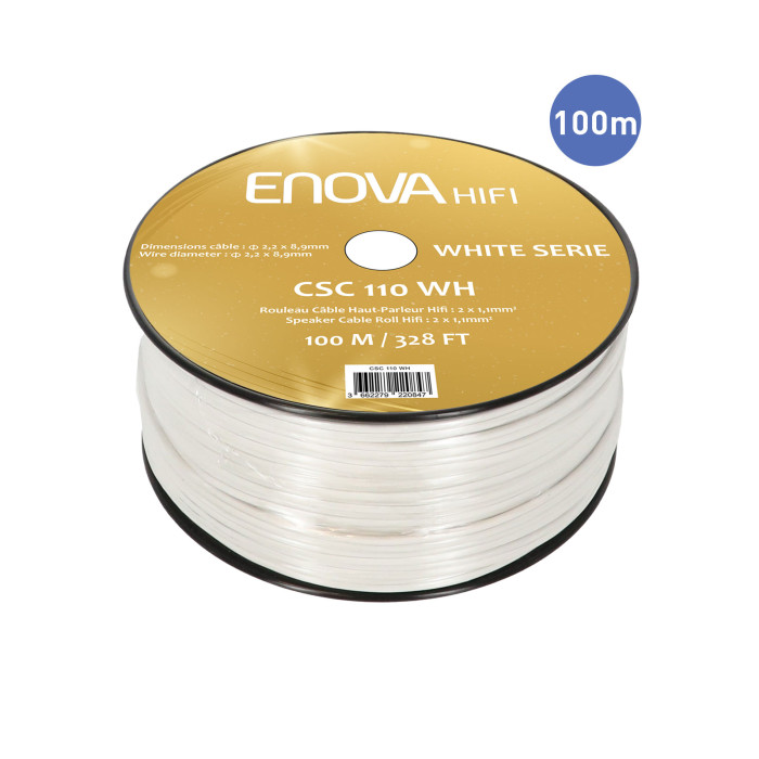 Rouleau Câble Haut-Parleur Ligne Blanc 2 x 1,1mm² - 100m